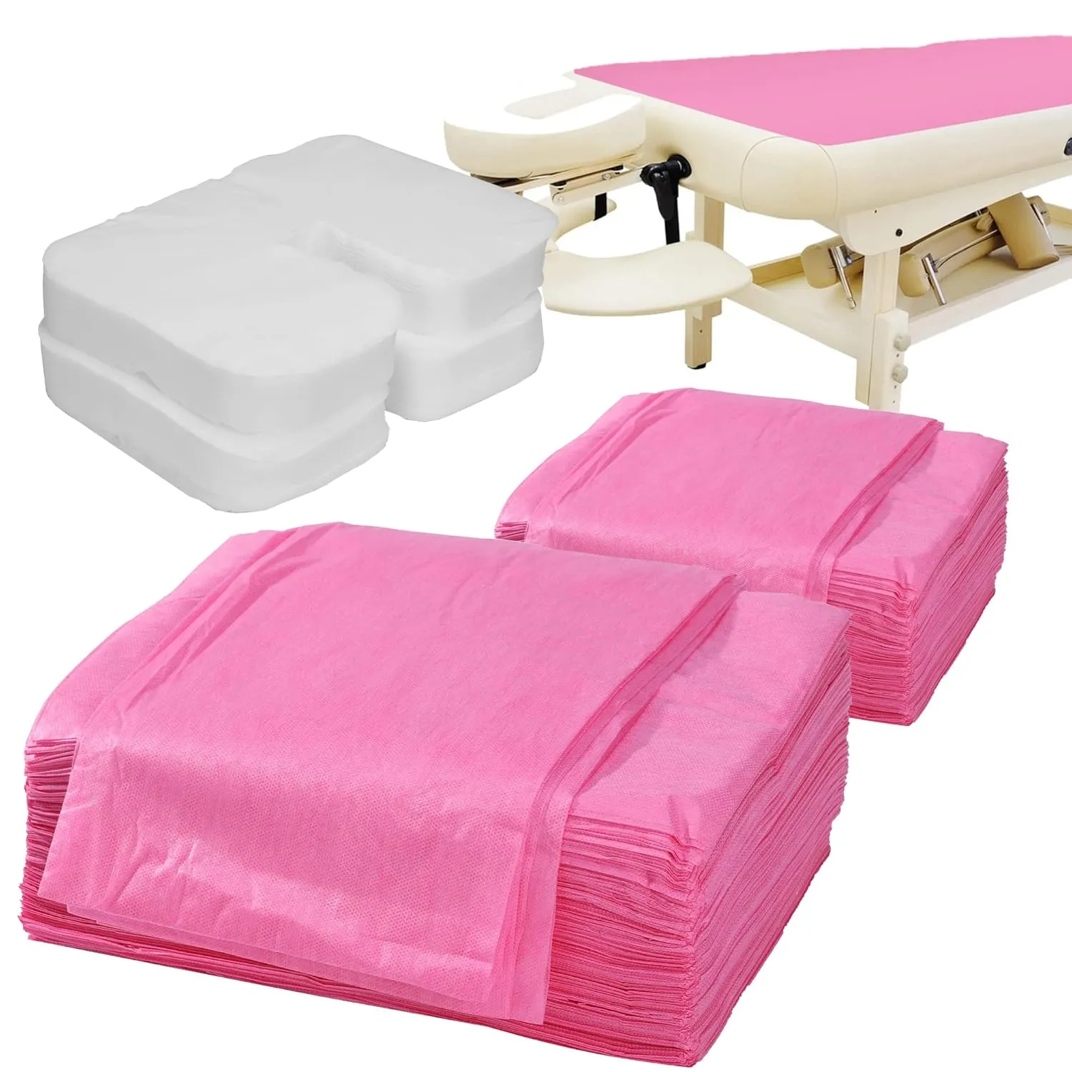 Uralili 200 Pieces Disposable Non Woven Massage Table Sheets Set Include 100 Pieces 31x71 Inches Soft Massage Bed Sheet & 11x14 Inches Face Cradle Covers For Massage Beauty Salon -Pink