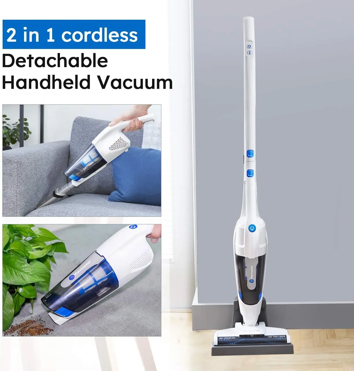 Vacmaster VSD1801 Cordless Handheld & Stick Vacuum Cleaner 2 in 1, Rechargeable Li-ion Battery Powerful Lightweight for Hardwood Floor, Carpet and Pet Hair White