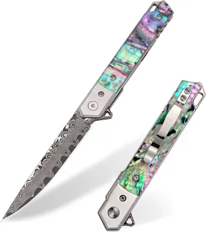 VALKNUT Damascus Folding Pocket Knife with Clip, Abalone Handle Damascus Steel Blade Knife for Men and Women, EDC Knife for Outdoor Camping, Collection and Gifts