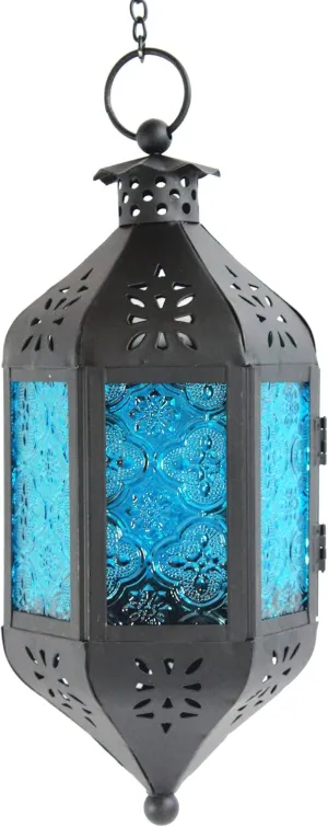 VELA LANTERNS Hanging Decor Moroccan Lamp Decorative Lantern Indoor Outdoor Candle Holder for Patio or Porch, Weddings, Christmas, Blue Glass
