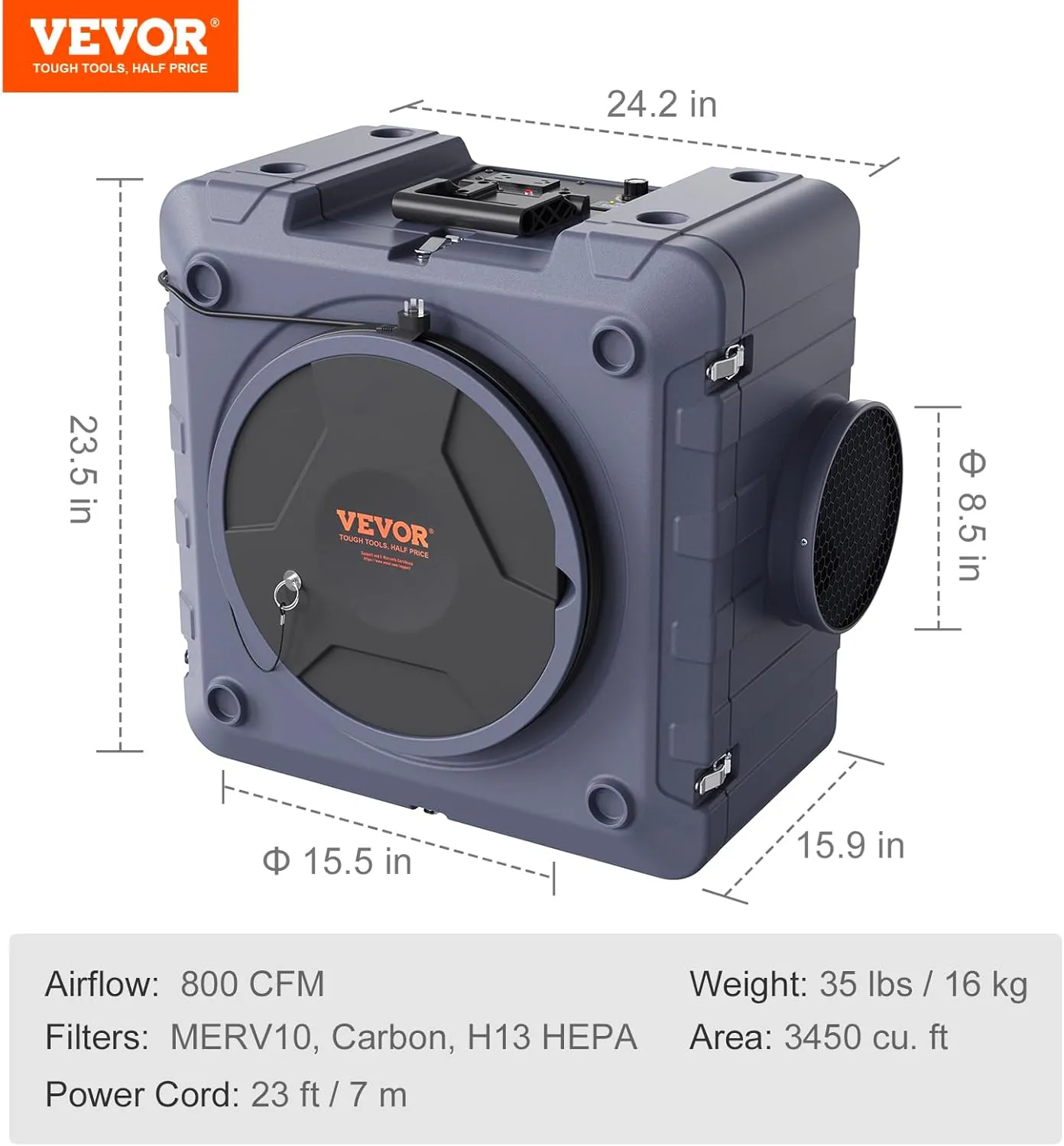 VEVOR Air Scrubber with 3-Stage Filtration, Stackable Negative Air Machine 800 CFM, Air Cleaner with MERV10, Carbon, H13 HEPA, for Home, Industrial and Commercial Use
