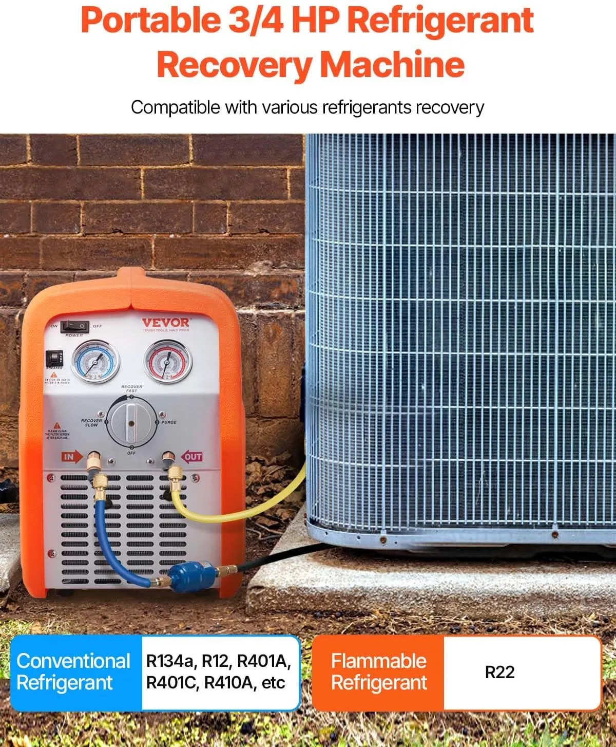 VEVOR Portable 3/4 HP Refrigerant Recovery Machine, AC Recovery Machine for Liquid Vapor Refrigerant, Self-Cleaning Recovery Machines HVAC for Automotive Air Conditioning (120V 60Hz)
