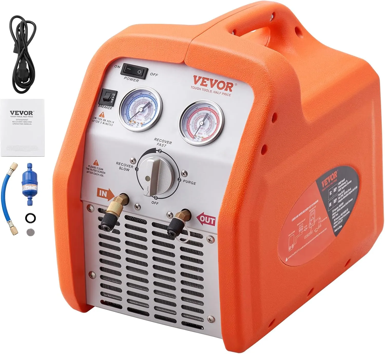VEVOR Portable 3/4 HP Refrigerant Recovery Machine, AC Recovery Machine for Liquid Vapor Refrigerant, Self-Cleaning Recovery Machines HVAC for Automotive Air Conditioning (120V 60Hz)