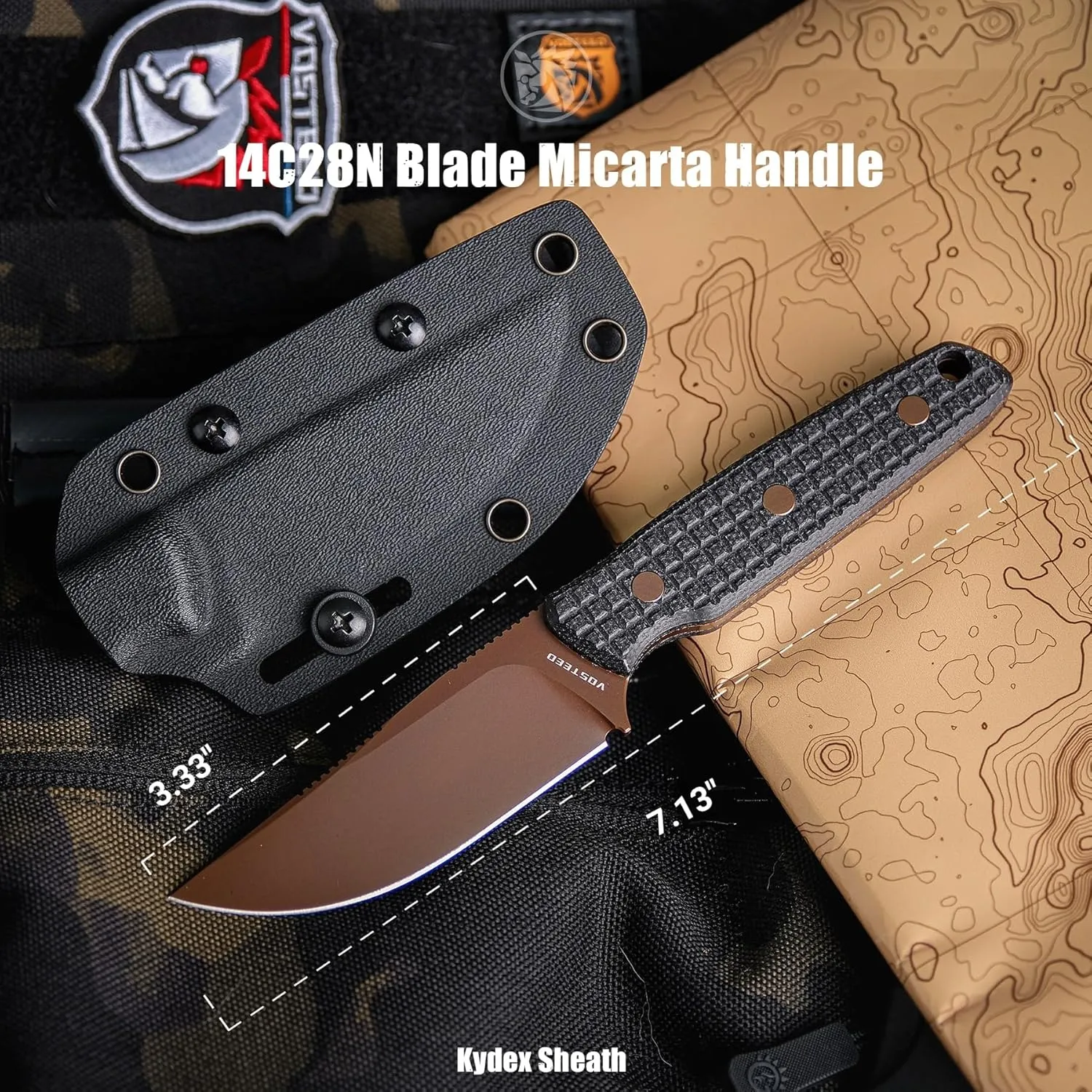 Vosteed Mink EDC Fixed Blade Knife - 3.33” 14C28N Blade with Sheath, Clip Point, Black Micarta Handle - Great Knives for Camping Hiking - D0106
