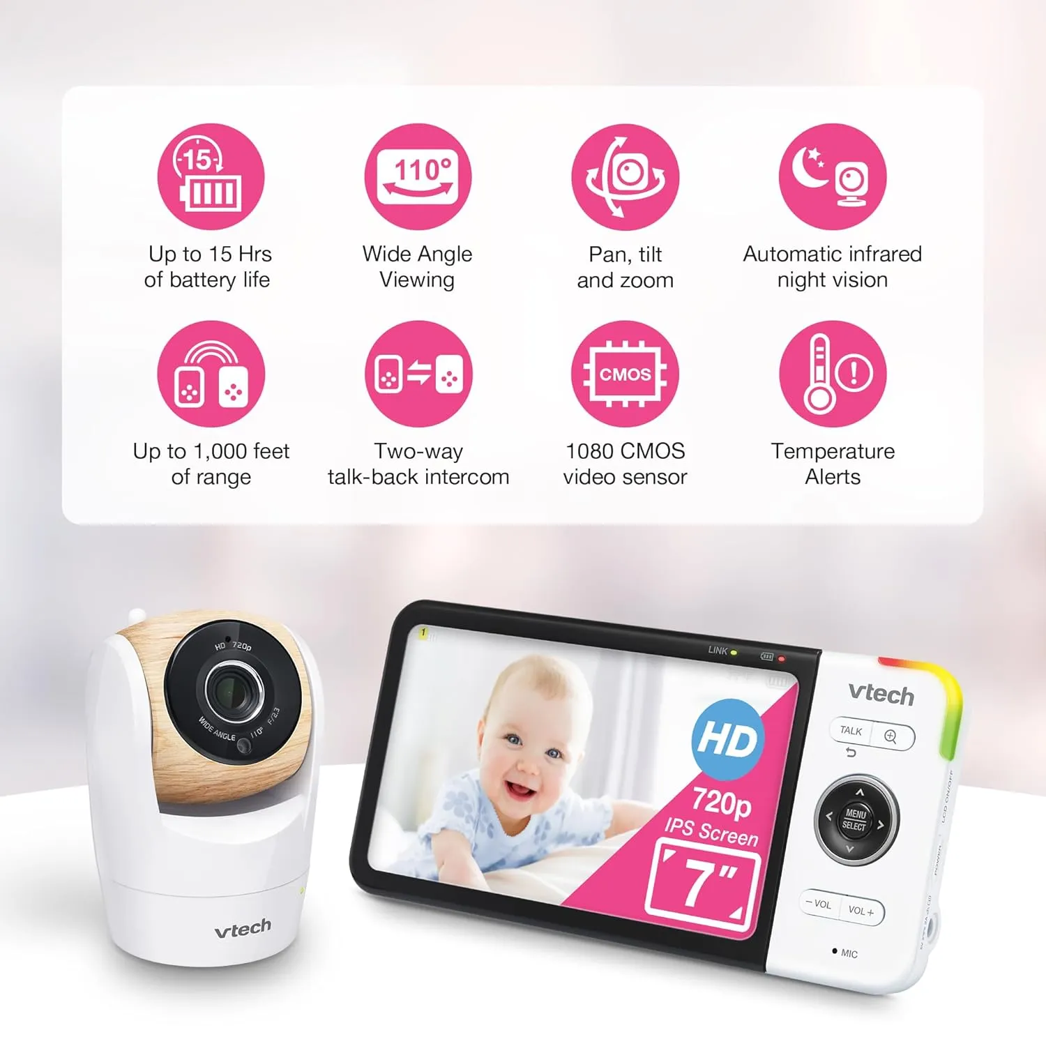 VTech VM919HD (Upgraded) Video Monitor with 7'' 720p Screen,360 Panoramic Viewing, 110 Wide-Angle View,Night Vision, Up to 1000ft Range, Secured Transmission No WiFi
