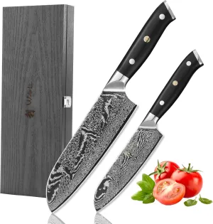Wakoli Kitchen Knife Set, 2-pcs Professional Knives Set for Kitchen made from 67 Layers of Genuine Damascus Steel with VG10 Core, Chef Knife Set with G10 Handle in Wooden Gift Box (Nitoko)