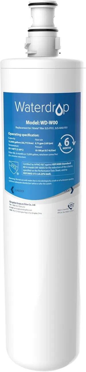 Waterdrop 3US-MAX-F01 Maximum Under Sink Water Filter, Replacement for Filtrete® Advanced 3US-PF01, 3US-MAX-F01, 3US-PS01, 3US-MAX-S01, Manitowoc K-00337, K-00338, NSF/ANSI 42 Certified, Pack of 1