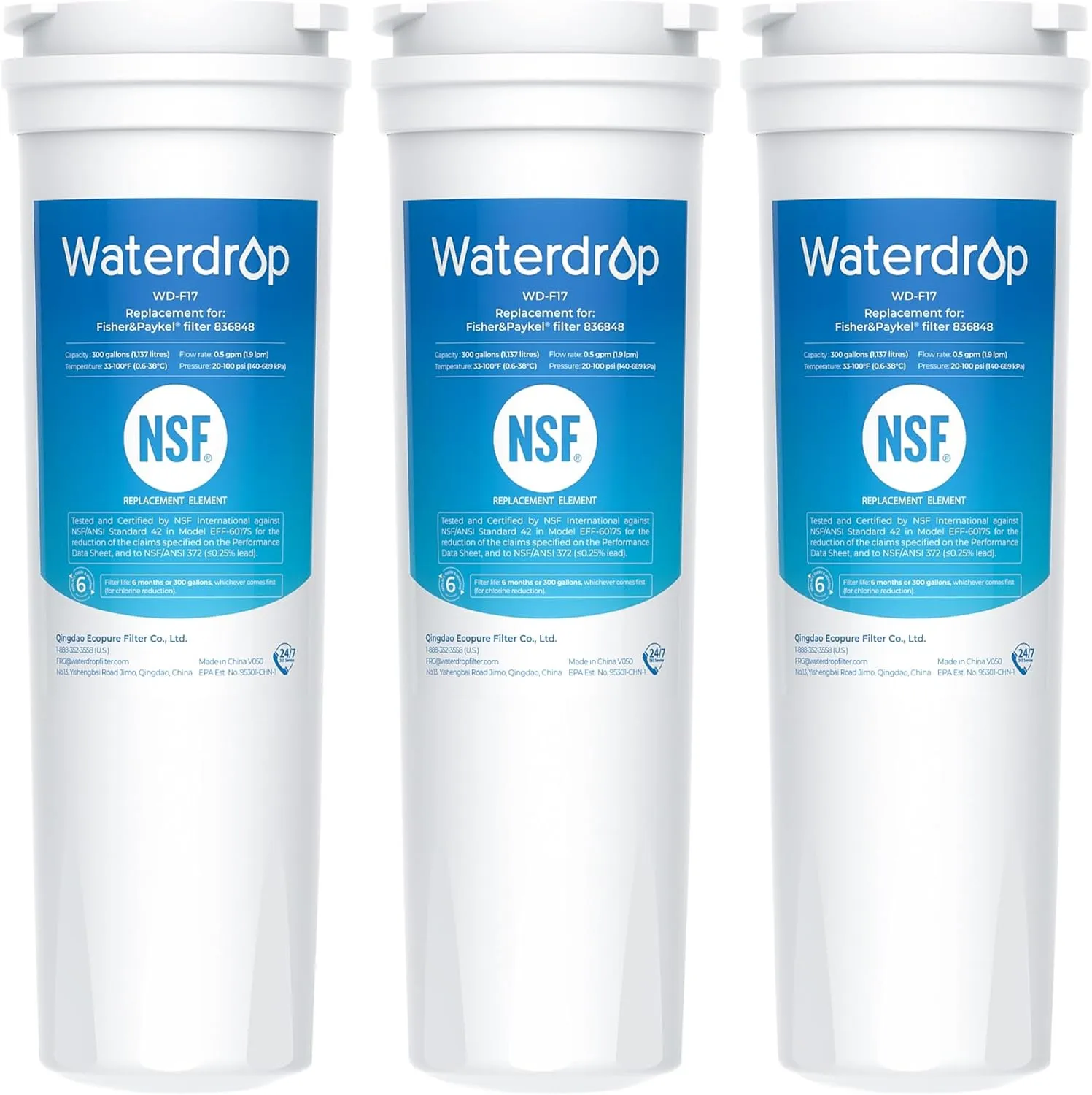 Waterdrop 836848 Replacement for Fisher & Paykel® 836860, 862285, 862284, E402, E442B, E522B, RO185014, RO185011, Refrigerator Water Filter, Pack of 3