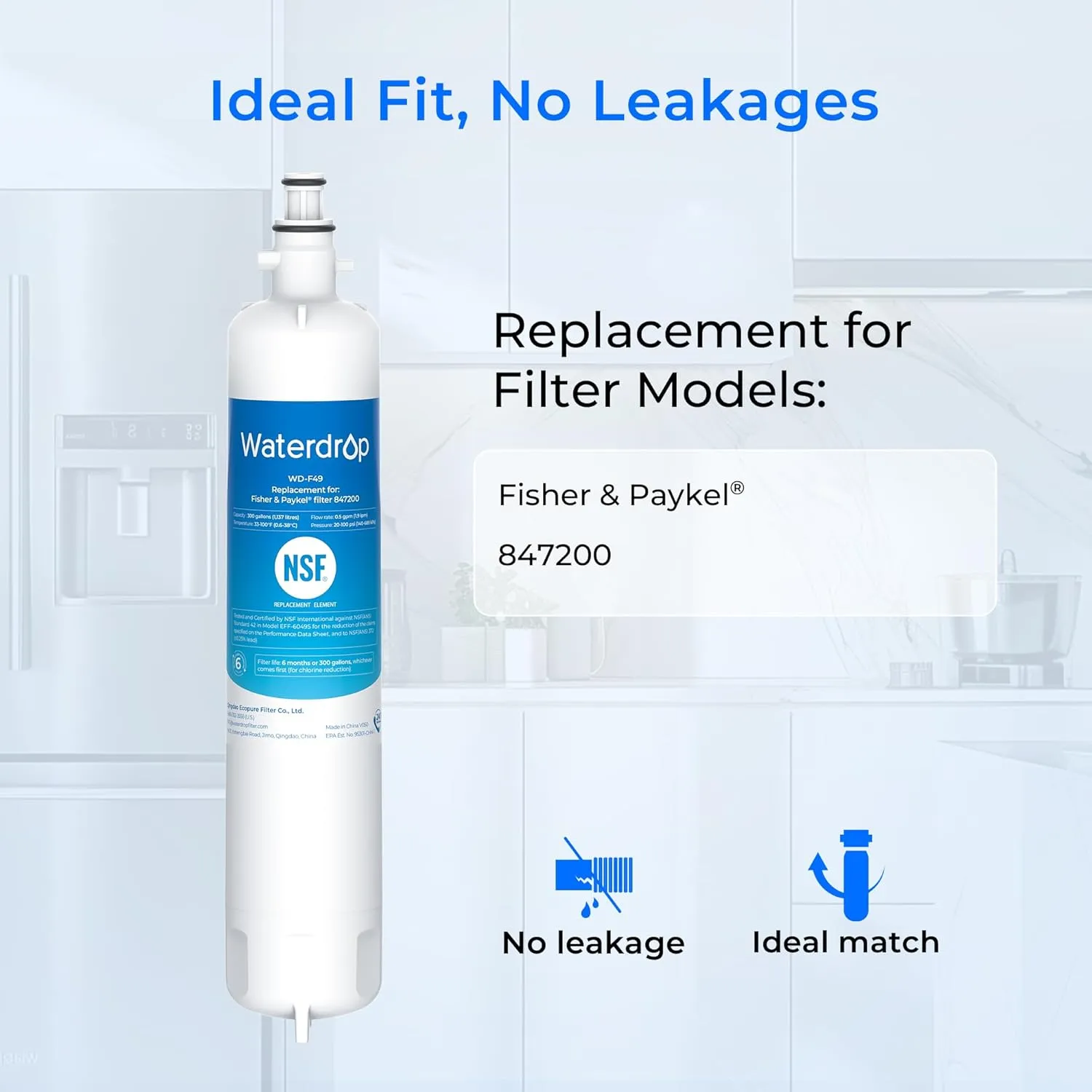 Waterdrop 847200 Refrigerator Water Filter Replacement for Fisher & Paykel® Water Filter 847200, 3 Filters