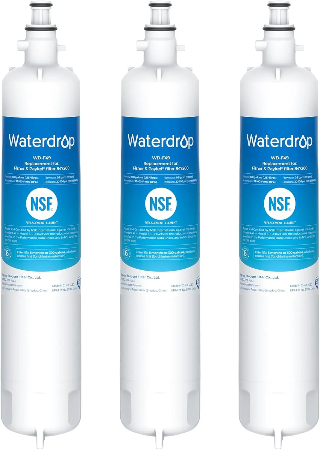Waterdrop 847200 Refrigerator Water Filter Replacement for Fisher & Paykel® Water Filter 847200, 3 Filters