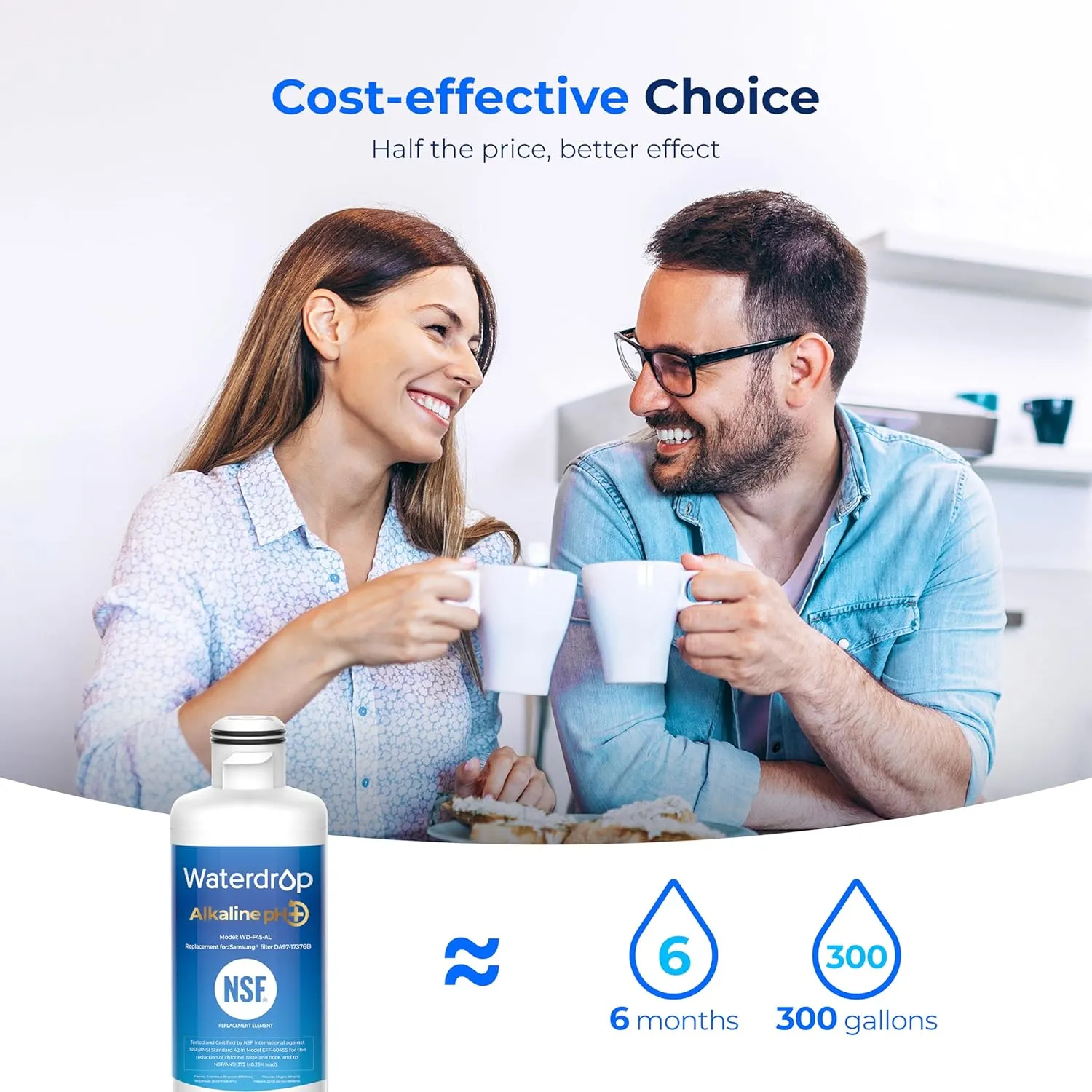 Waterdrop Alkaline DA97-17376B Water Filter, Enhances pH, Replacement for Samsung® HAF-QIN/EXP, DA97-08006C, RF28R7201SR, RF28R7351SG, WD-F45-AL, 2 Filters