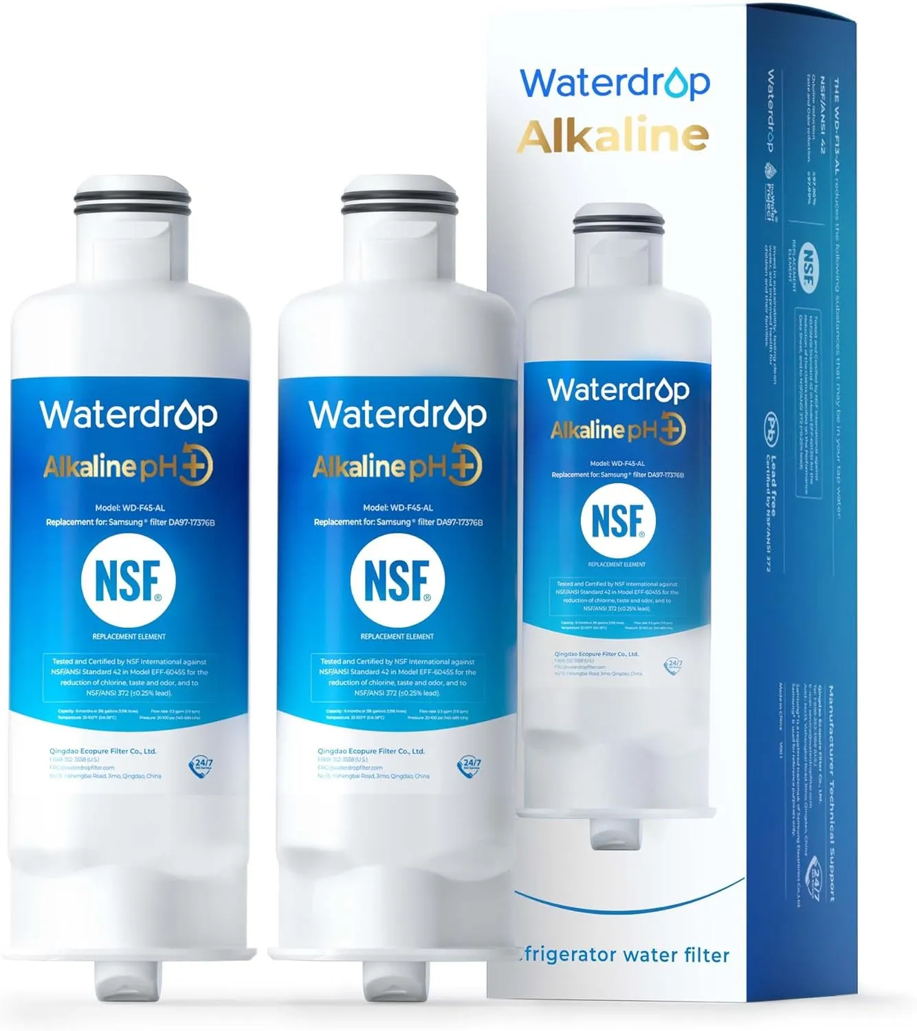 Waterdrop Alkaline DA97-17376B Water Filter, Enhances pH, Replacement for Samsung® HAF-QIN/EXP, DA97-08006C, RF28R7201SR, RF28R7351SG, WD-F45-AL, 2 Filters