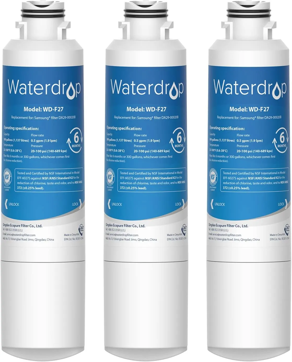 Waterdrop DA29-00020B Replacement for Samsung® Water Filter HAF-CIN/EXP, DA29-00020B, HAF-CIN, DA29-00020B-1, RF28HMEDBSR, RF263BEAESR, RS25J500DSR, RF263TEAESG, HDX FMS-2, DA97-08006A-1, 3 Filters