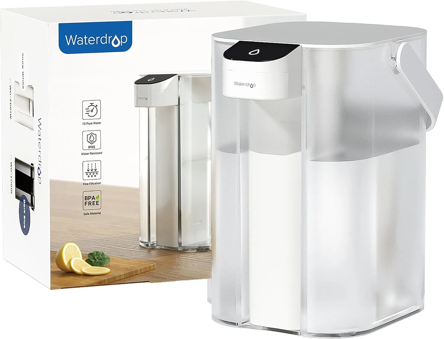 Waterdrop Electric Water Filter Pitcher, Rechargeable Water Dispenser, Instant 15-Cup Countertop Purifier, NSF/ANSI 401&53&42&372, Reduce PFAS, Lead, Chlorine, White, with 1 Filter, Does not Lower TDS