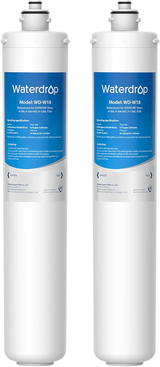 Waterdrop H-300 Under Sink Water Filter, 24000 Gallons, Replacement Cartridge for Everpure H-300, H-300-NXT, 7CB5, EV9270-71, EV9270-72, EV9618-11, EV9855-50, EV9282-01, Pack of 2