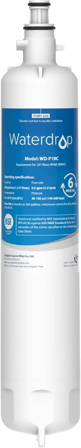 Waterdrop Replacement for GE® RPWFE®, RPWF (Built-in CHIP) Refrigerator Water Filter, Compatible with GFE28GYNFS, GFE28GELDS, PFE28KELDS, PFE28KYNFS, GFD28GELDS, PWE23KELDS, PWE23KMKES