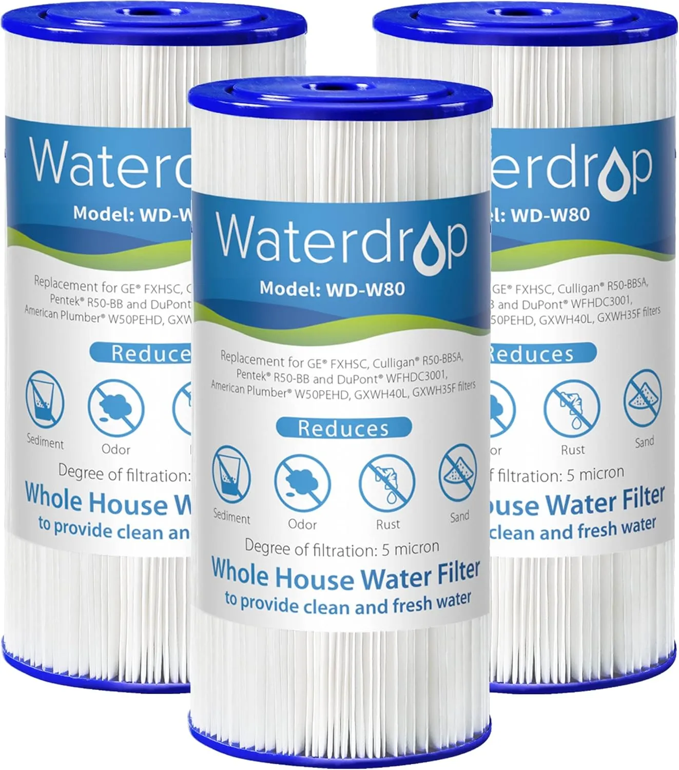 Waterdrop W50PEHD Whole House Water Filter, Replacement for American Plumber, W10-PR, Culligan® R50-BBSA, GE ®FXHSC, GXWH40L, GXWH35F, 5 Micron, 10" x 4.5", High Flow Sediment Filters, Pack of 3