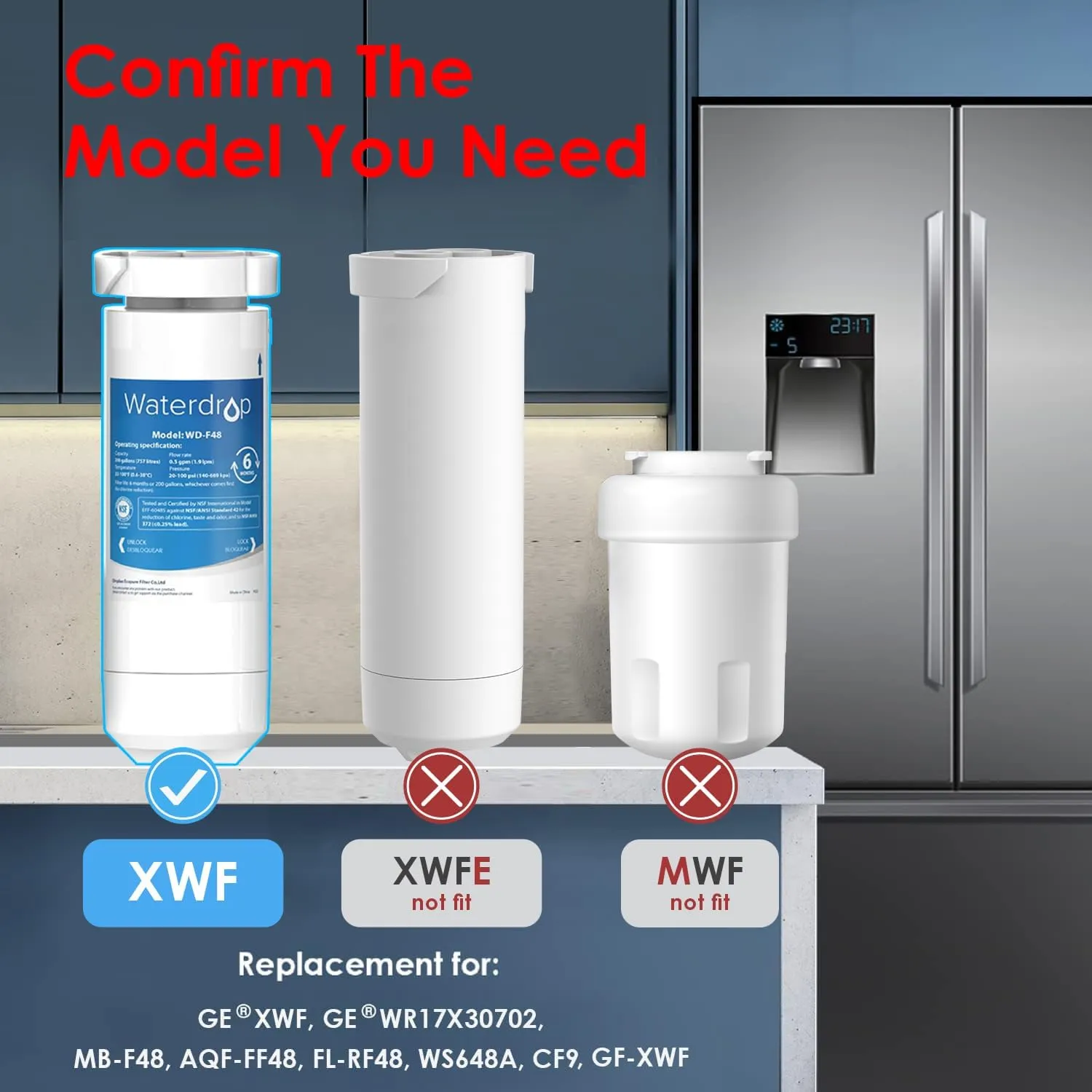 Waterdrop XWF Replacement for GE® XWF Refrigerator, GE® XWF Water Filter, WR17X30702, 3 Filters