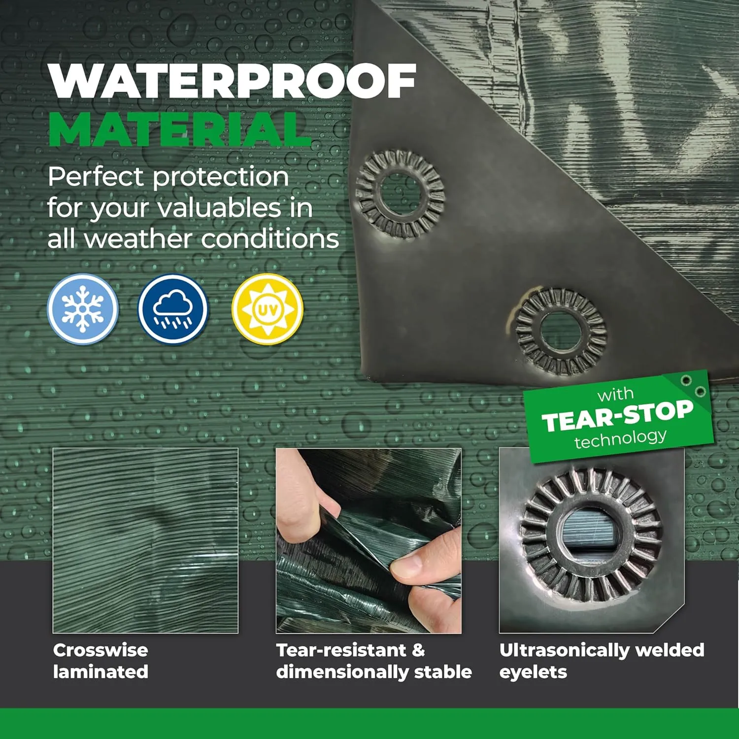 Waterproof Tarps - 10x15 ft 6 Mil Thick Green Heavy Duty Tarps, Tearproof, Recyclable, UV-Resistant Multipurpose Tarpaulin Cover for Outdoor, Camping, Furniture, Garden, Emergency Rain Shelter