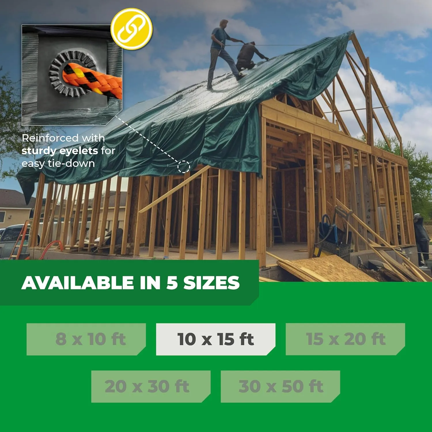 Waterproof Tarps - 10x15 ft 6 Mil Thick Green Heavy Duty Tarps, Tearproof, Recyclable, UV-Resistant Multipurpose Tarpaulin Cover for Outdoor, Camping, Furniture, Garden, Emergency Rain Shelter