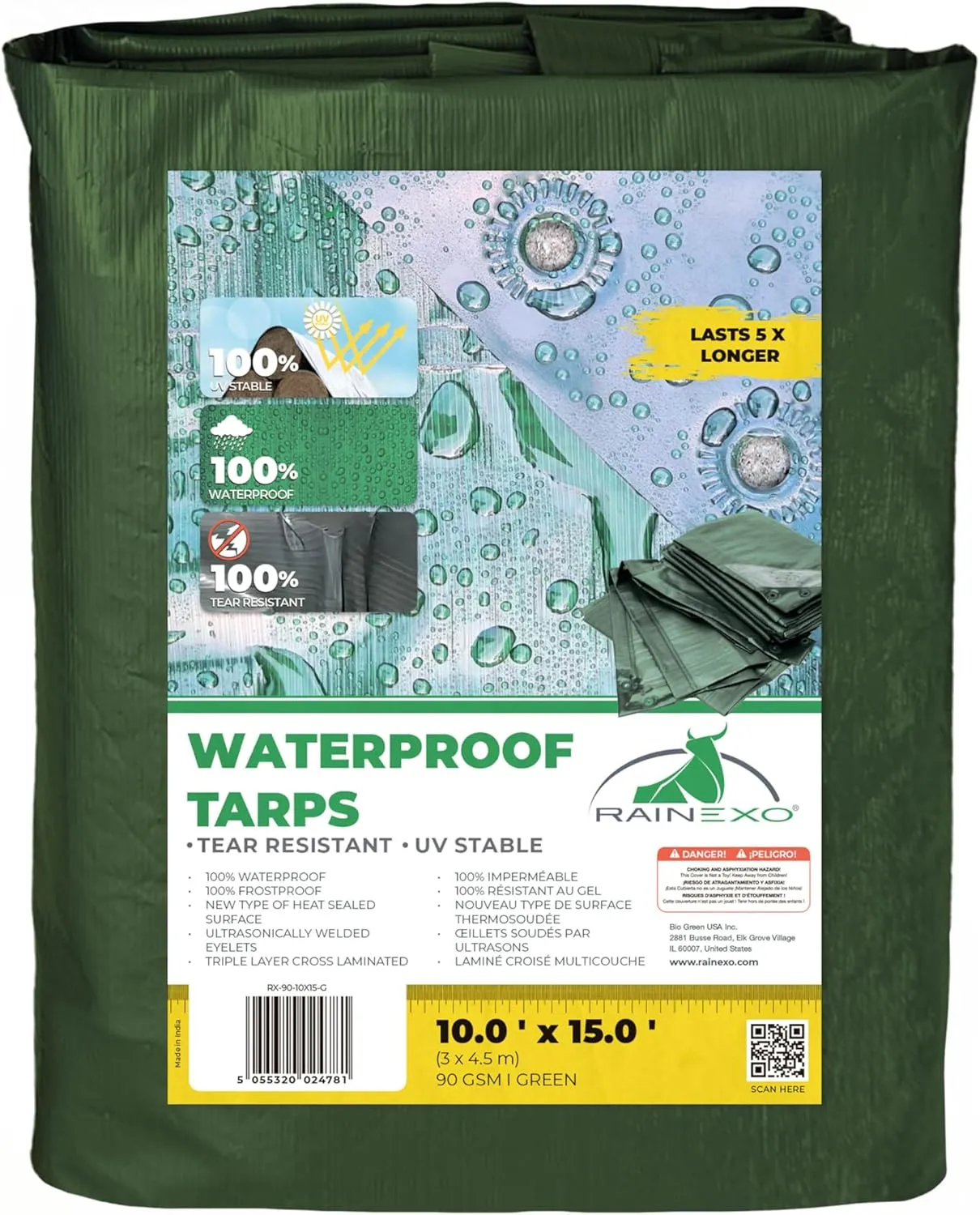 Waterproof Tarps - 10x15 ft 6 Mil Thick Green Heavy Duty Tarps, Tearproof, Recyclable, UV-Resistant Multipurpose Tarpaulin Cover for Outdoor, Camping, Furniture, Garden, Emergency Rain Shelter
