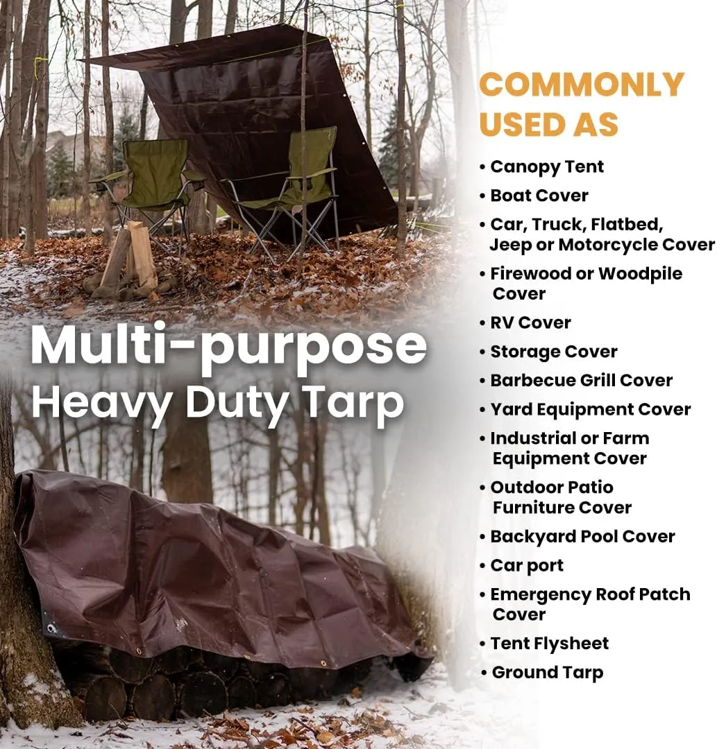 WHITEDUCK Super Heavy Duty Poly Tarp Cover 16 Mil & 10 Mil with Grommets and Reinforced Edges (Brown, White & Silver Black) (Brown- 16 Mil, 10' x 10')