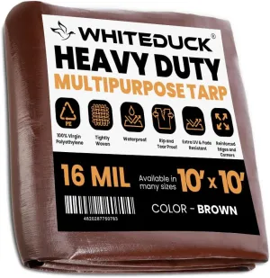WHITEDUCK Super Heavy Duty Poly Tarp Cover 16 Mil & 10 Mil with Grommets and Reinforced Edges (Brown, White & Silver Black) (Brown- 16 Mil, 10' x 10')
