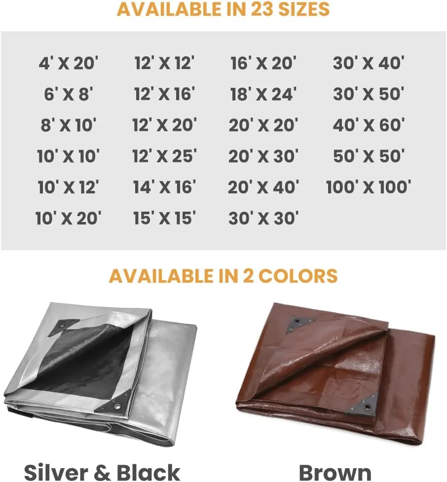 WHITEDUCK Super Heavy Duty Poly Tarp Cover 16 Mil & 10 Mil with Grommets and Reinforced Edges (Brown, White & Silver Black) (Brown- 16 Mil, 10' x 10')