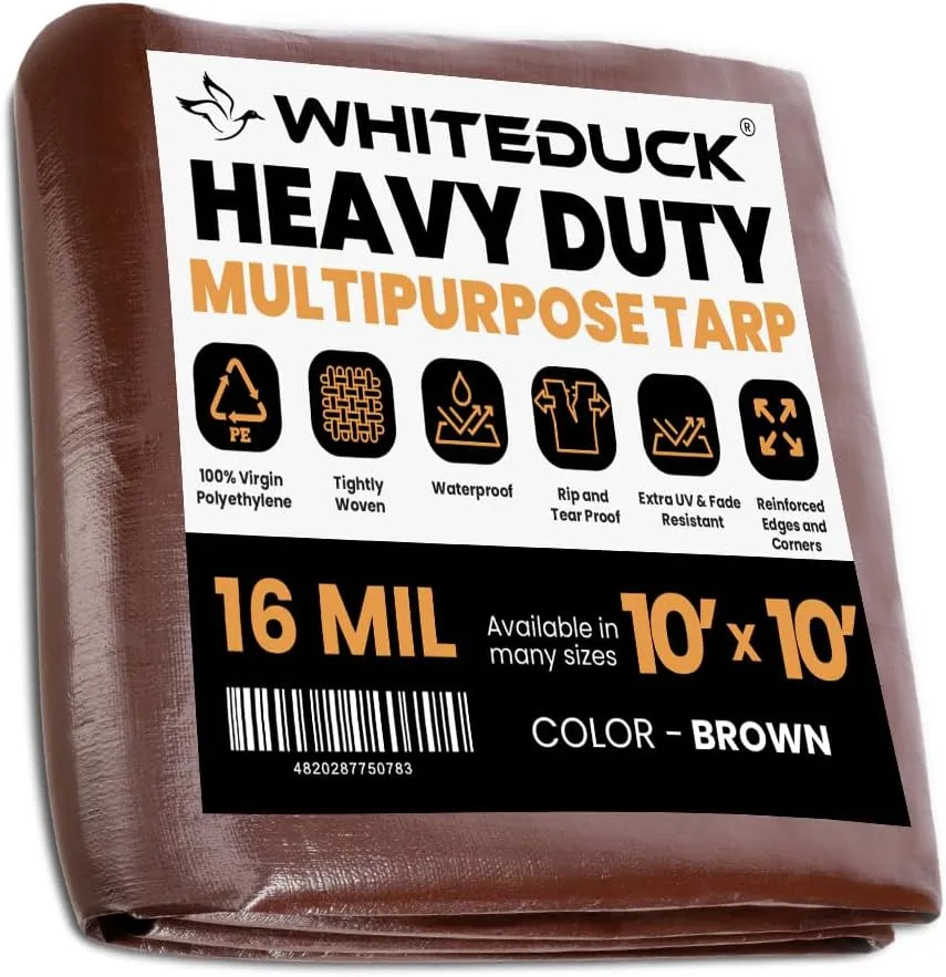WHITEDUCK Super Heavy Duty Poly Tarp Cover 16 Mil & 10 Mil with Grommets and Reinforced Edges (Brown, White & Silver Black) (Brown- 16 Mil, 10' x 10')