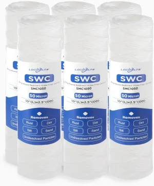Whole House 50 Micron 10 x 2.5 String Wound Sediment Well Water Filter Cartridge Replacement for CW-50, W50W, 155214-52, FXWSC, SWC-25-1050, RS7, SP-CW50, WPP-F10-50, W30W, AO-WH-PRE-R2 (Pack of 6)