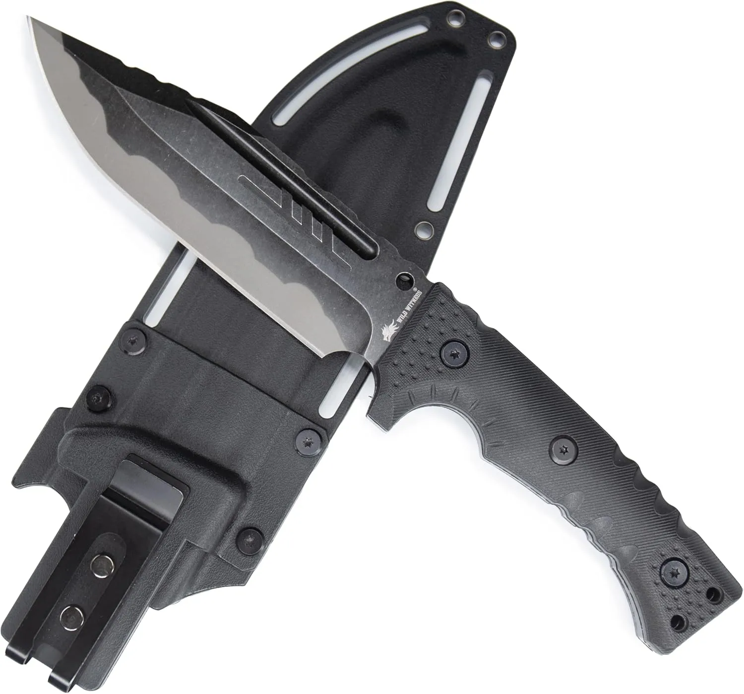 WT09 Fulltang Heavy Duty 12-inch Stonewashed Fixed Blade Knife with Kydex Sheath and Fiberglass Handle for Outdoor, Hunting, Camping, Best Gift for Men (Black)