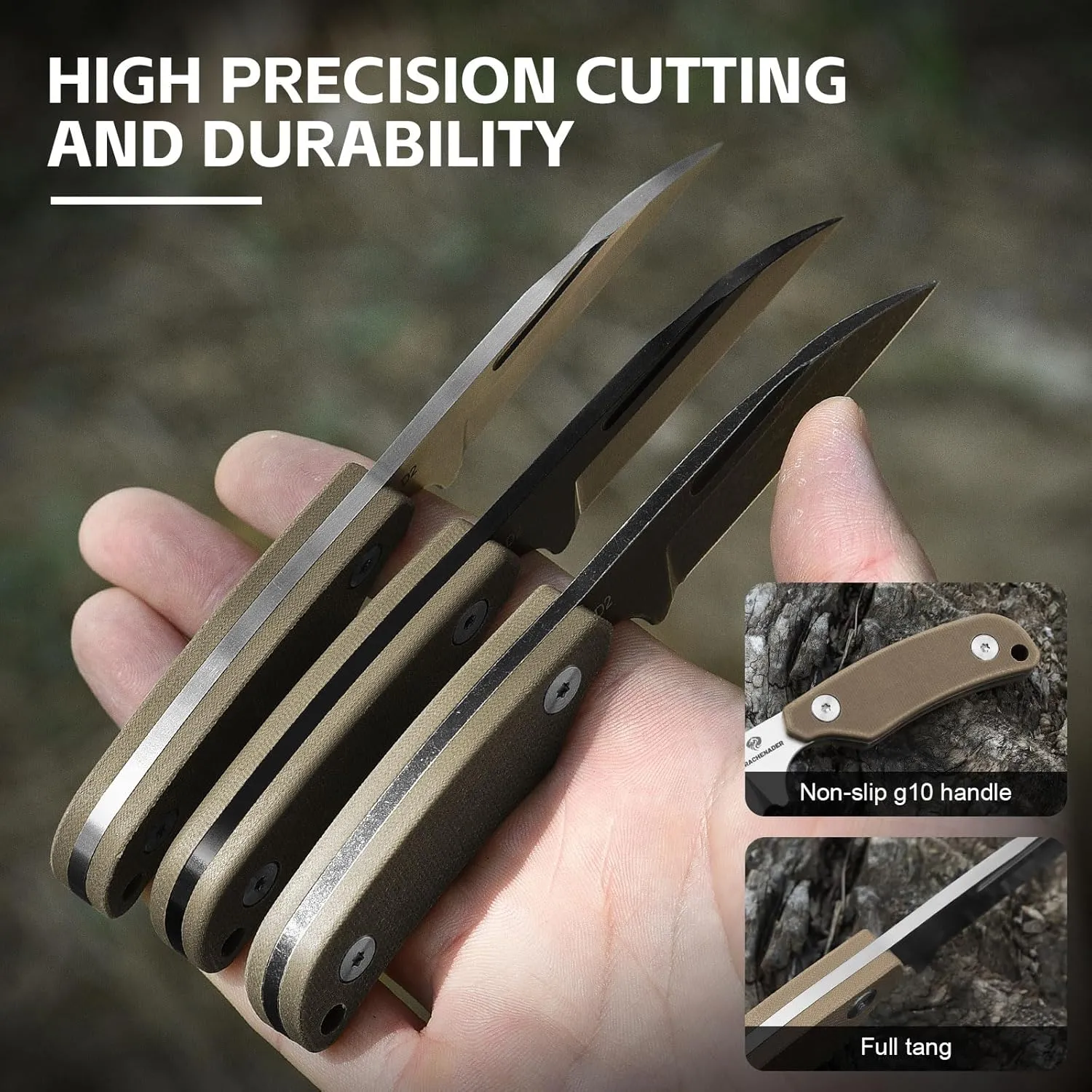 X-YTT 5.79" Neck Knife with Sheath, D2 Steel Sheepsfoot-Point Blade, Full Tang Fixed Blade Knife with Khaki G10 Handle, Lightweight, Kydex Sheath with Belt Clip, Camping, Hiking, Outdoor