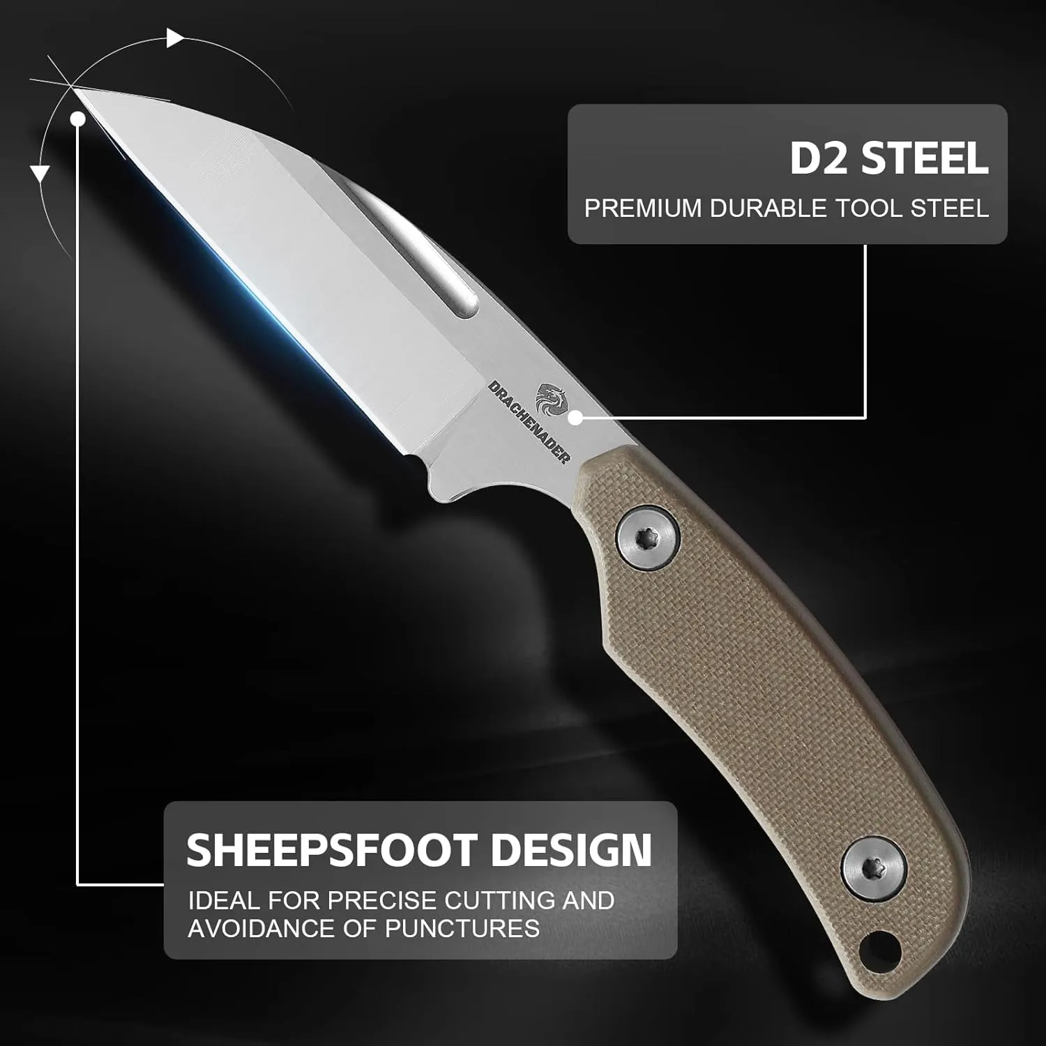 X-YTT 5.79" Neck Knife with Sheath, D2 Steel Sheepsfoot-Point Blade, Full Tang Fixed Blade Knife with Khaki G10 Handle, Lightweight, Kydex Sheath with Belt Clip, Camping, Hiking, Outdoor