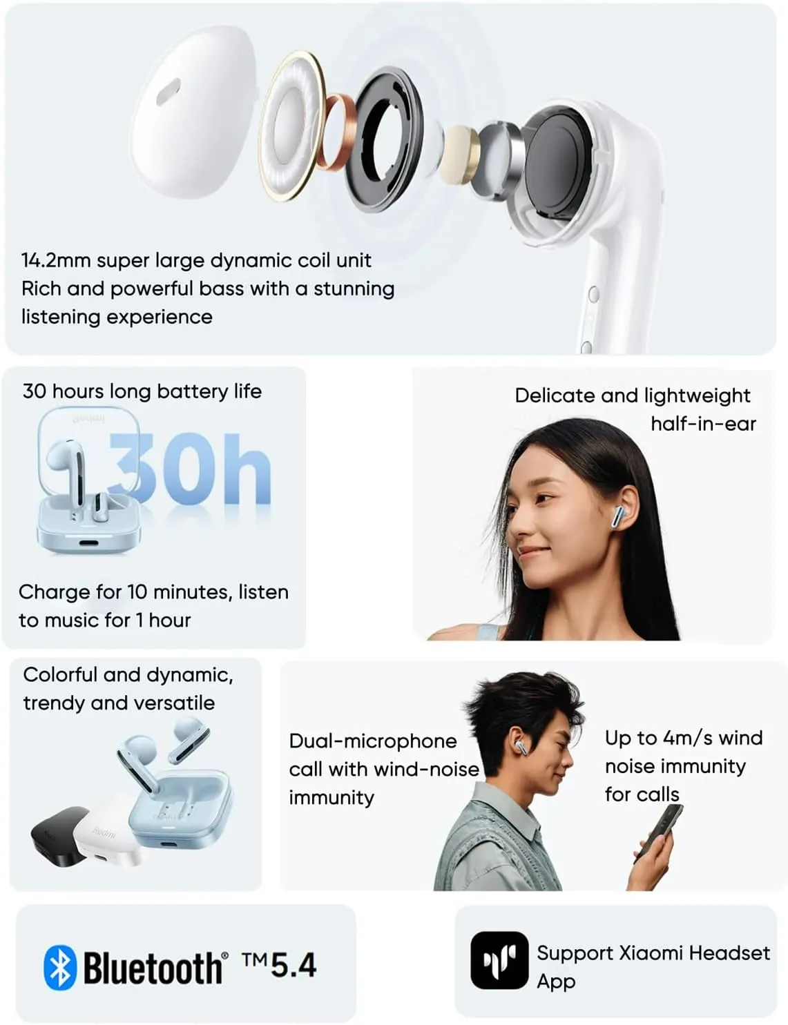Xiaomi Redmi Buds 6 Active Wireles Earbuds (Global Version), Bluetooth 5.4 in-Ear Headphones, 30H Long Battery Life,Noise Cancellation for Calls, 5 Tuning Modes, IPX4 Waterproof - White