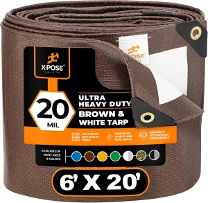 xpose safety 6' x 20' Brown/White Ultra Heavy Duty Tarp - 20 Mil Tarps Heavy Duty Waterproof - Large Outdoor Tarp,Waterproof Tarp Cover for Rain Camping,Tent Tarp,UV Protection,Reinforced Corners
