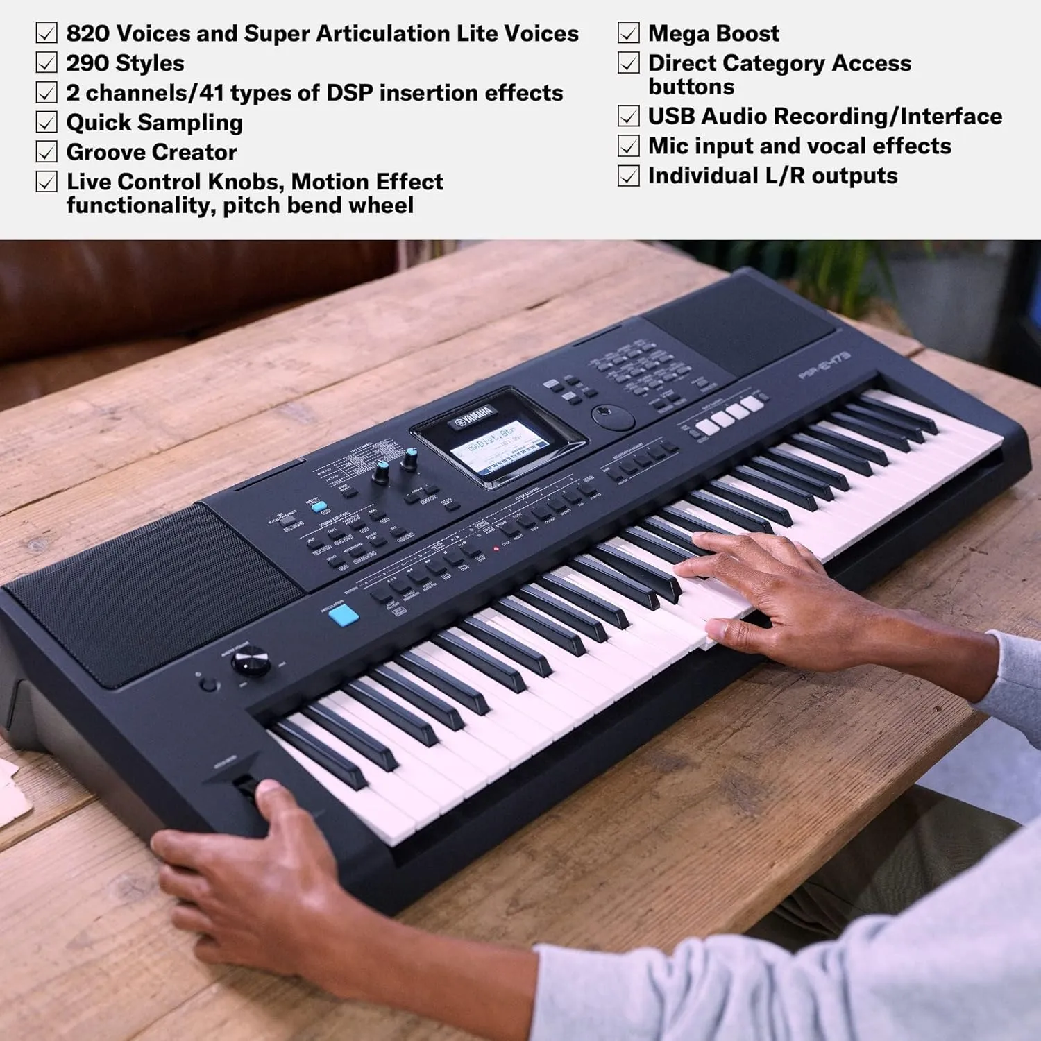 YAMAHA, 61-Key Touch-Sensitive Advanced Portable Keyboard with Power Adapter, (PSRE473)