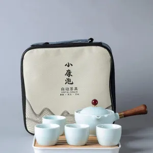 Youngky Porcelain Chinese Ceramic Gongfu Tea Set,Portable Travel Tea Set with 360 Rotation Tea maker and Infuser, All in One Gift Bag for Travel,Home,Gifting,and Office (jadeite)