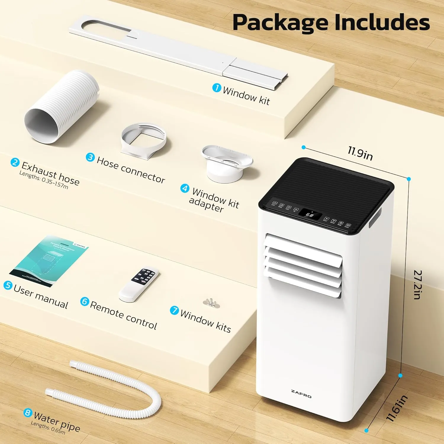 ZAFRO 10,000 BTU Portable Air Conditioners, 4 Modes Portable AC Unit with Fast Cooling/Self-Evaporation System/Remote/24Hrs Timer for Bedroom/Dorms/Indoor Rooms, White