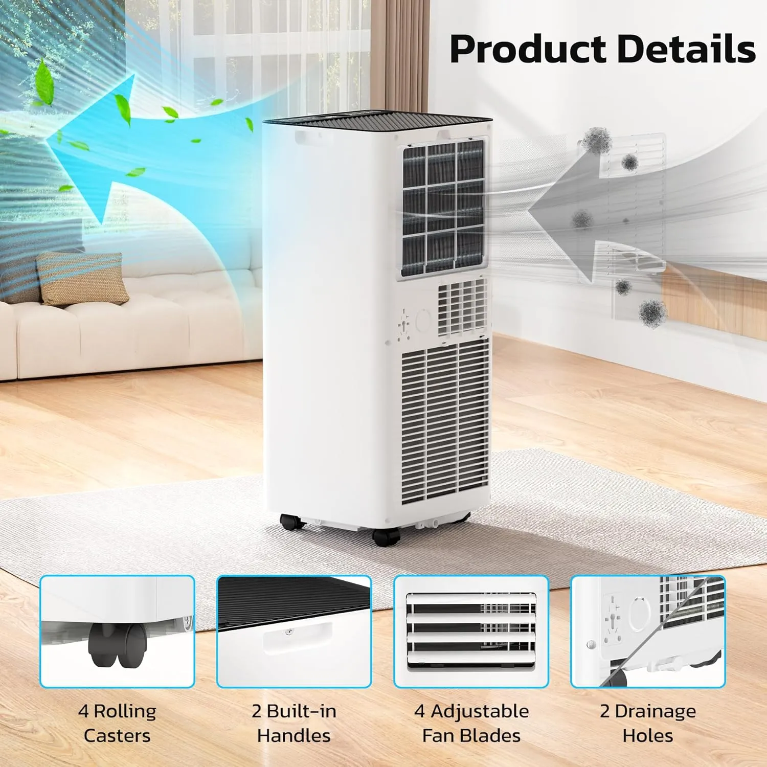ZAFRO 10,000 BTU Portable Air Conditioners, 4 Modes Portable AC Unit with Fast Cooling/Self-Evaporation System/Remote/24Hrs Timer for Bedroom/Dorms/Indoor Rooms, White