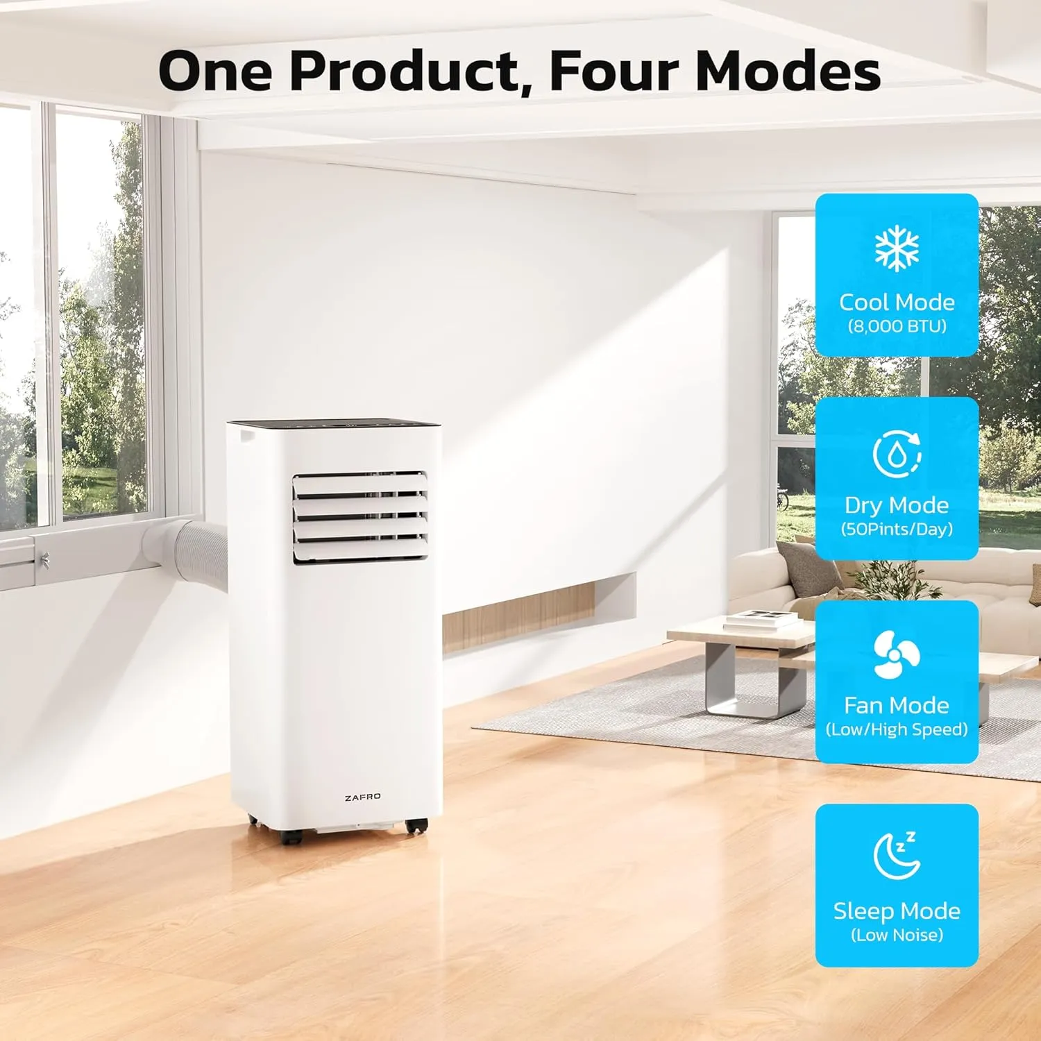 ZAFRO 10,000 BTU Portable Air Conditioners, 4 Modes Portable AC Unit with Fast Cooling/Self-Evaporation System/Remote/24Hrs Timer for Bedroom/Dorms/Indoor Rooms, White
