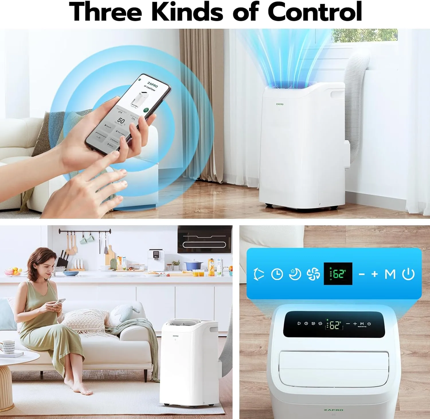 ZAFRO Portable Air Conditioners 12,000 BTU (8000 BTU SACC),44dB Quiet Cooling , WiFi/App Control, 24h Timer with Fan & Dehumidifier, for Bedroom, Office, Adjustable Design, Easy Installation