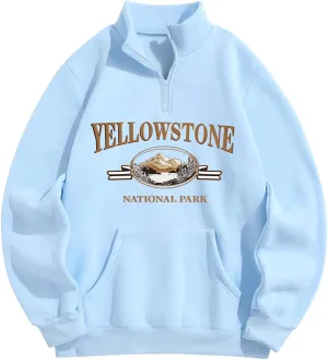 ZAFUL Mens Graphic Fleece Sweatshirts Quarter Zip Pullover Sweatshirt Letter Embroidered Oversized Vintage Hoodie Top